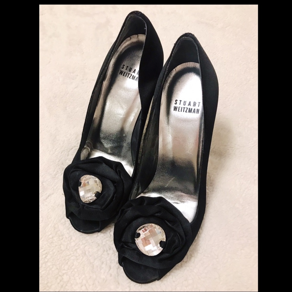 Stuart Weitzman Black Heels Rhinestone Jewel Bead